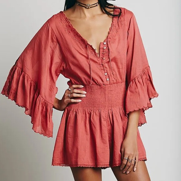 Free People Women's Far From Heaven Romper in Coral Red - Picture 1 of 16